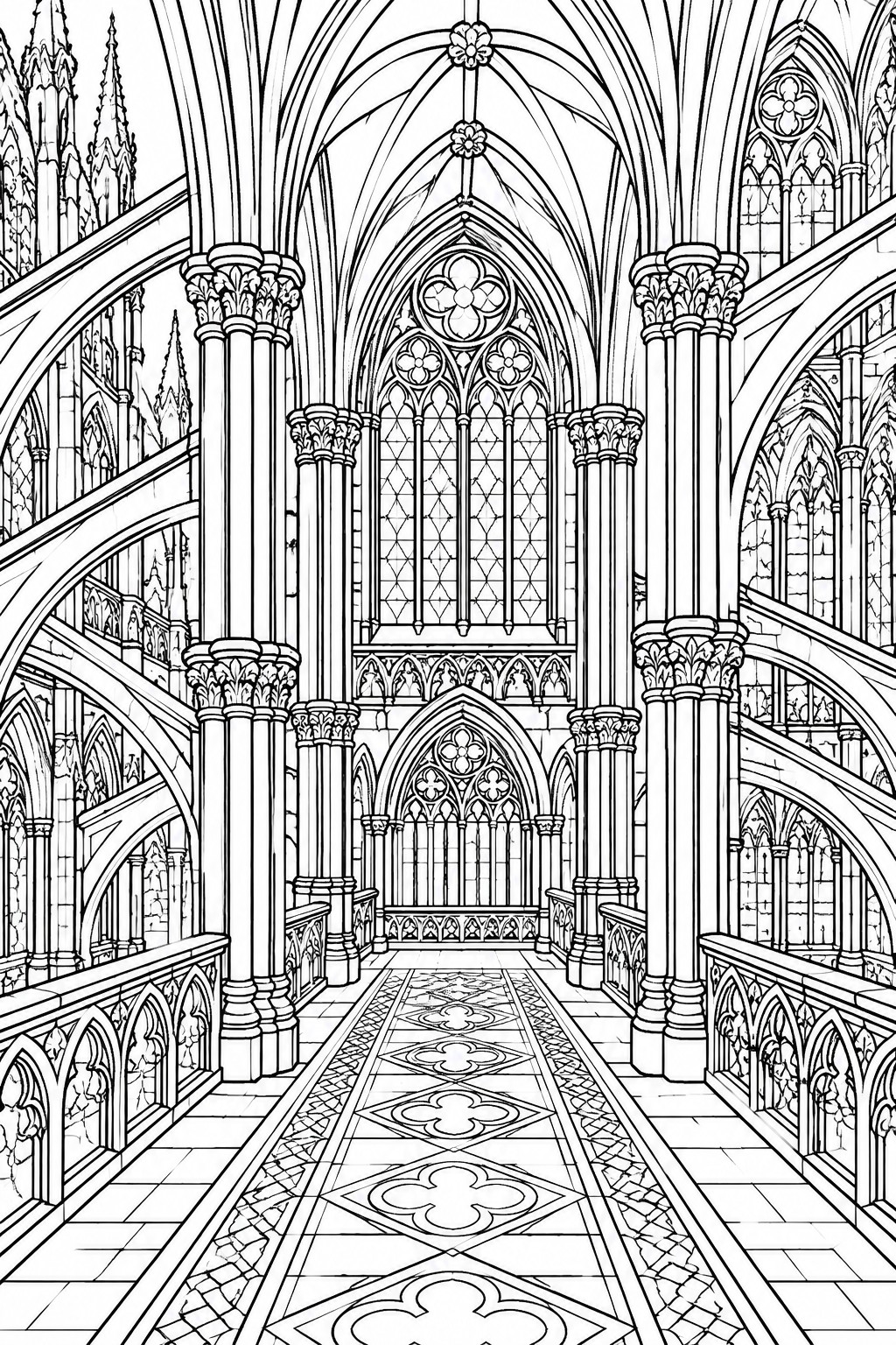 Gothic cathedral interior with vaulted ceilings, ornate columns, and arched windows
