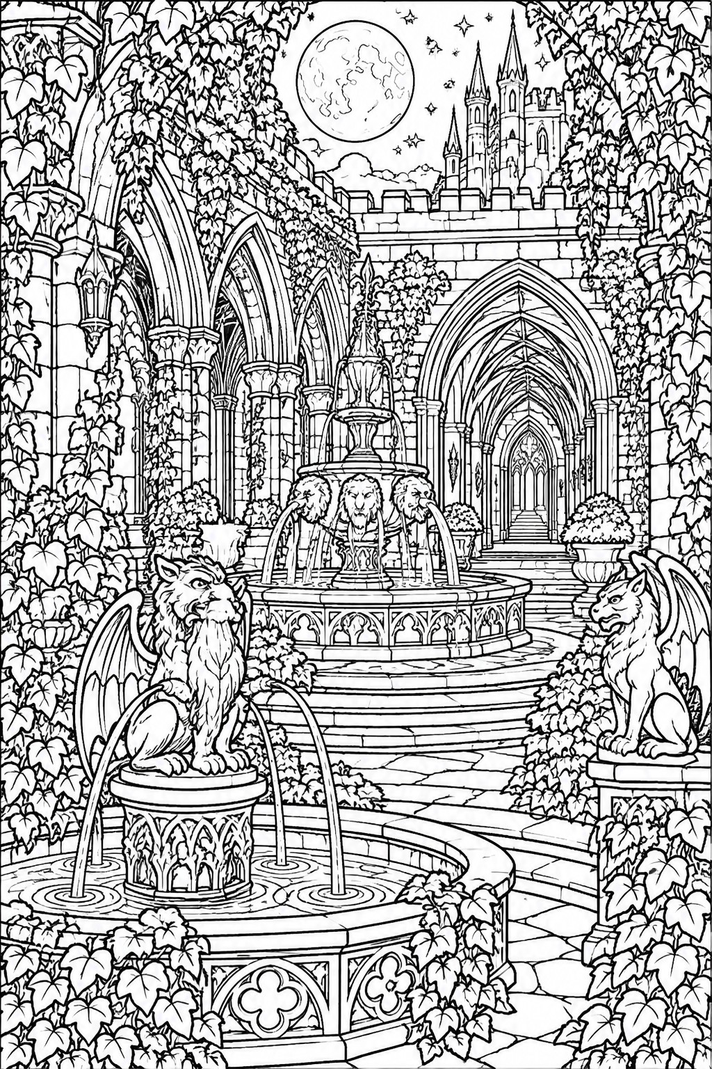 A black and white line art coloring page showing a gothic castle courtyard at night with a central fountain, winged lion statues, ivy covered arches, and a castle in the background under a full moon.