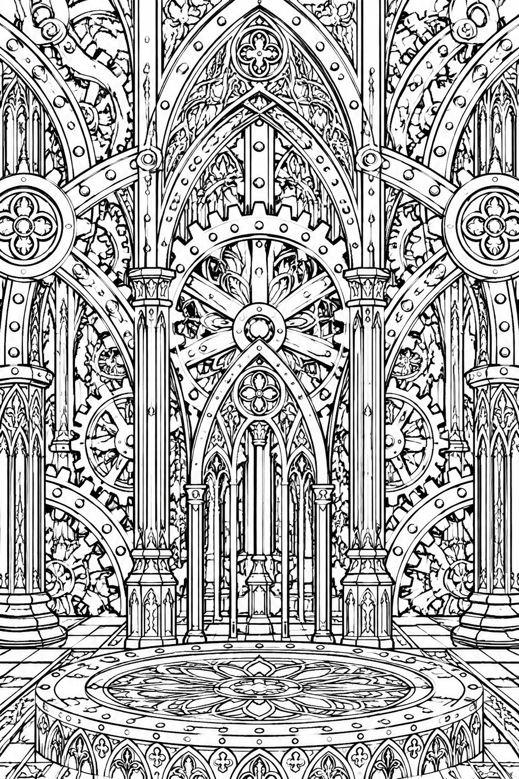 Intricate black-and-white gothic architecture with arches, gears, pillars, and circular platform