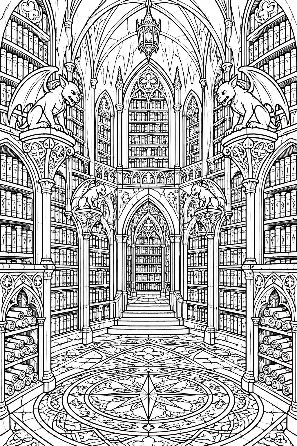 Gothic library with bookshelves, gargoyles, vaulted arches, lantern, and compass rose floor.