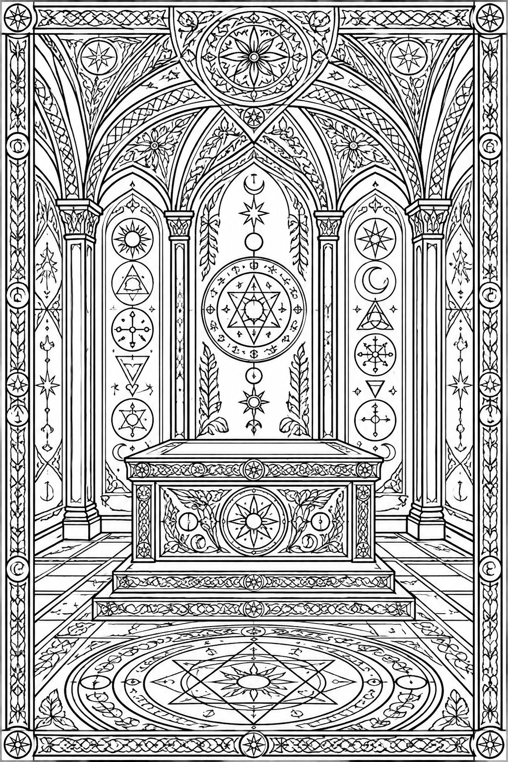 Ornate Gothic hall with central altar, arches, columns, and walls covered in celestial symbols