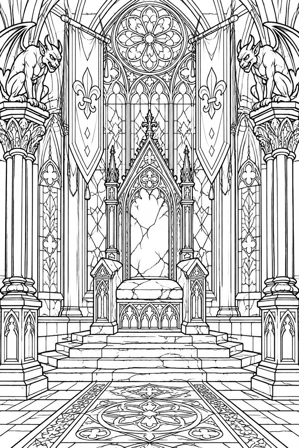 Gothic throne room line art with central stone throne, gargoyles, and stained glass.