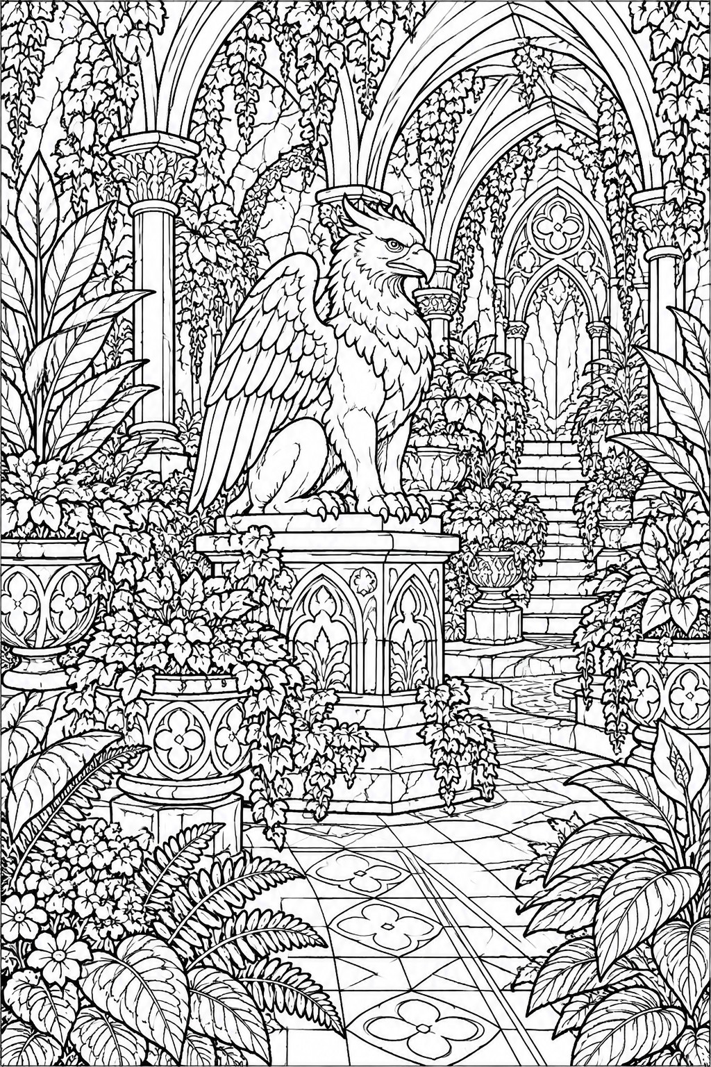 Intricate black-and-white line art of a griffin statue amid overgrown gothic arches and vines