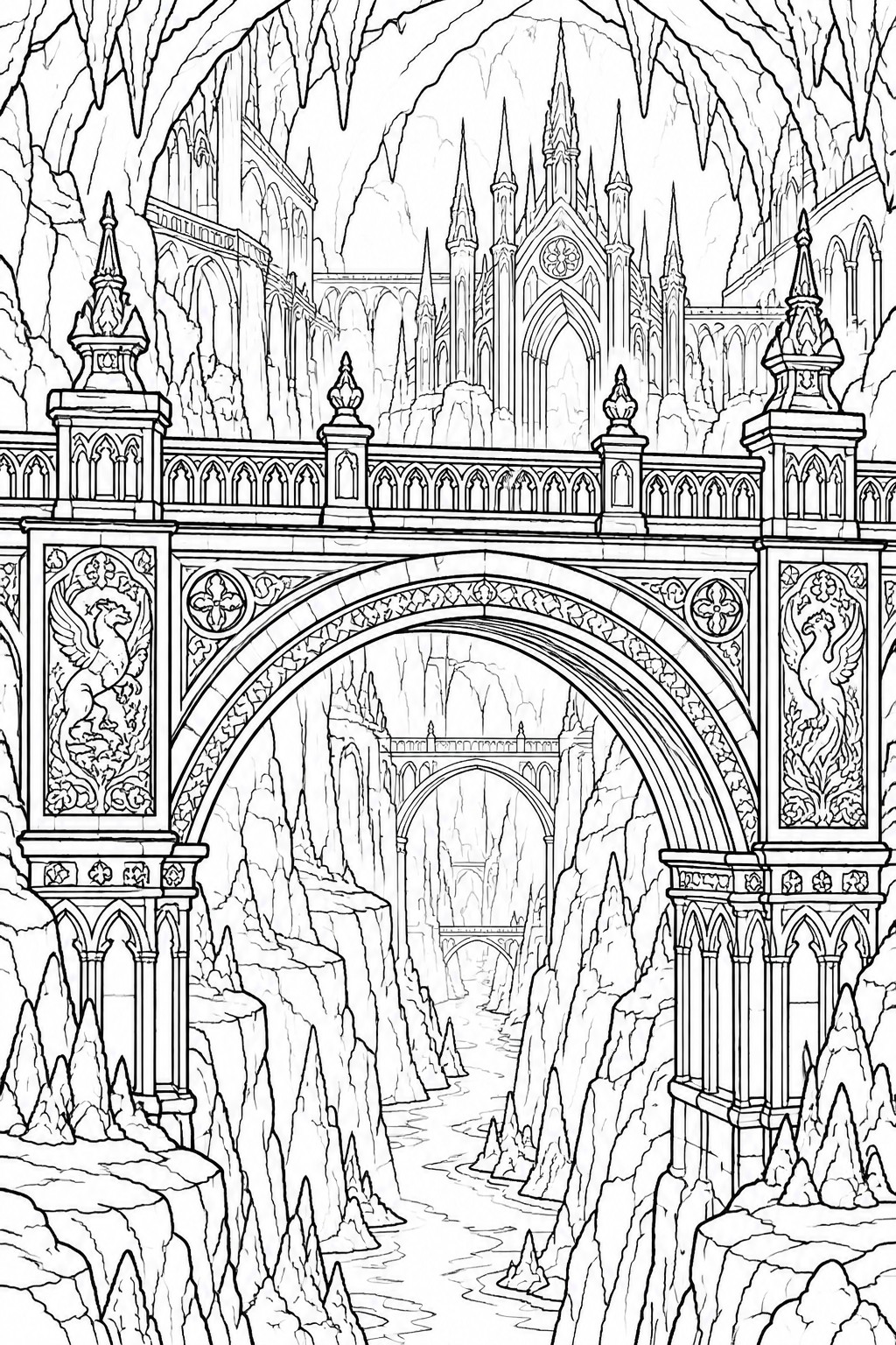 Ornate gothic stone bridge arches over a river in a cavern with cliffside towers.