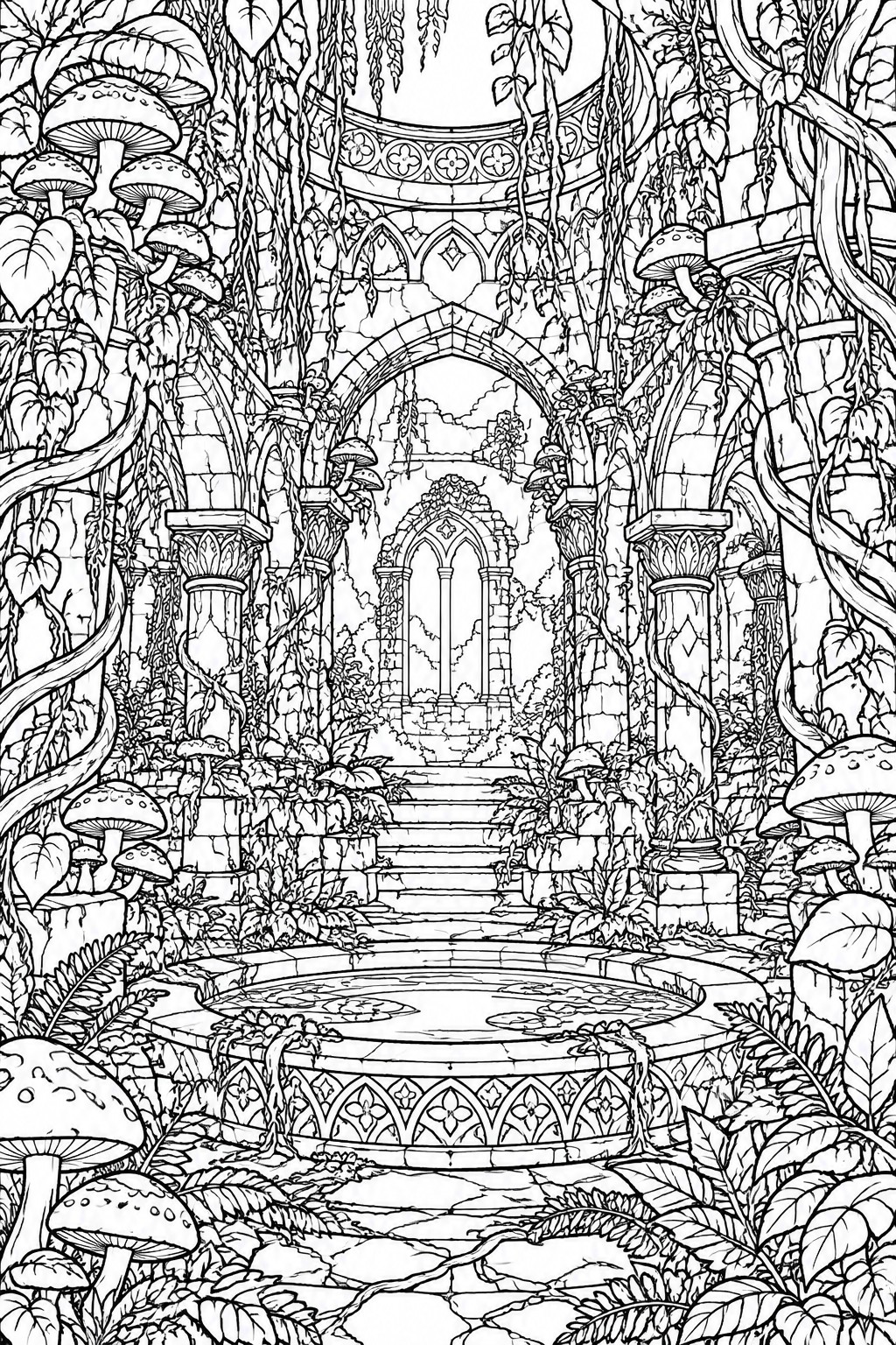 A black and white line drawing of gothic stone ruins with arches, stairs, a circular pond, and many mushrooms and vines growing throughout.