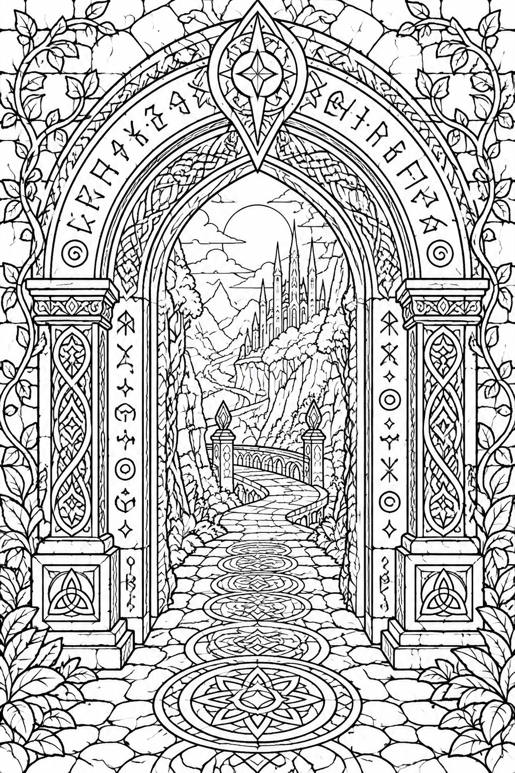 A black and white line drawing of an ornate arched gateway with runes, vines, and pillars framing a cobblestone path that leads to a castle on a mountain.