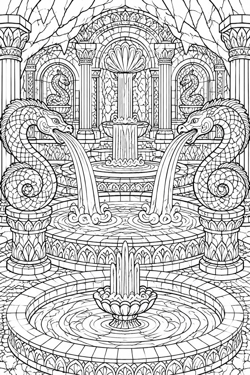 Black and white line drawing of ornate fantasy fountain with two dragon serpents spouting water.