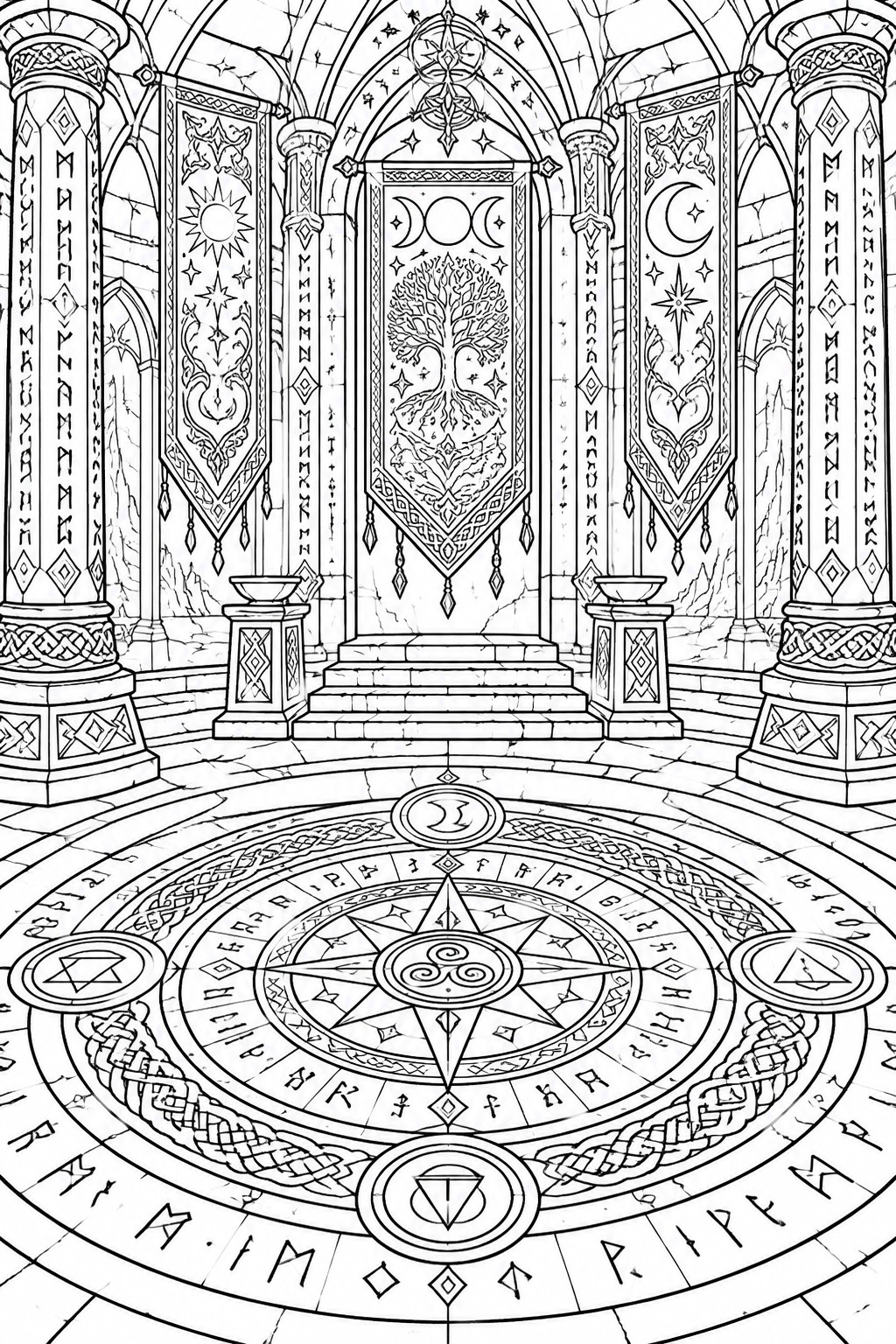 Fantasy hall with rune pillars, celestial banners, tree emblem, and compass floor mosaic
