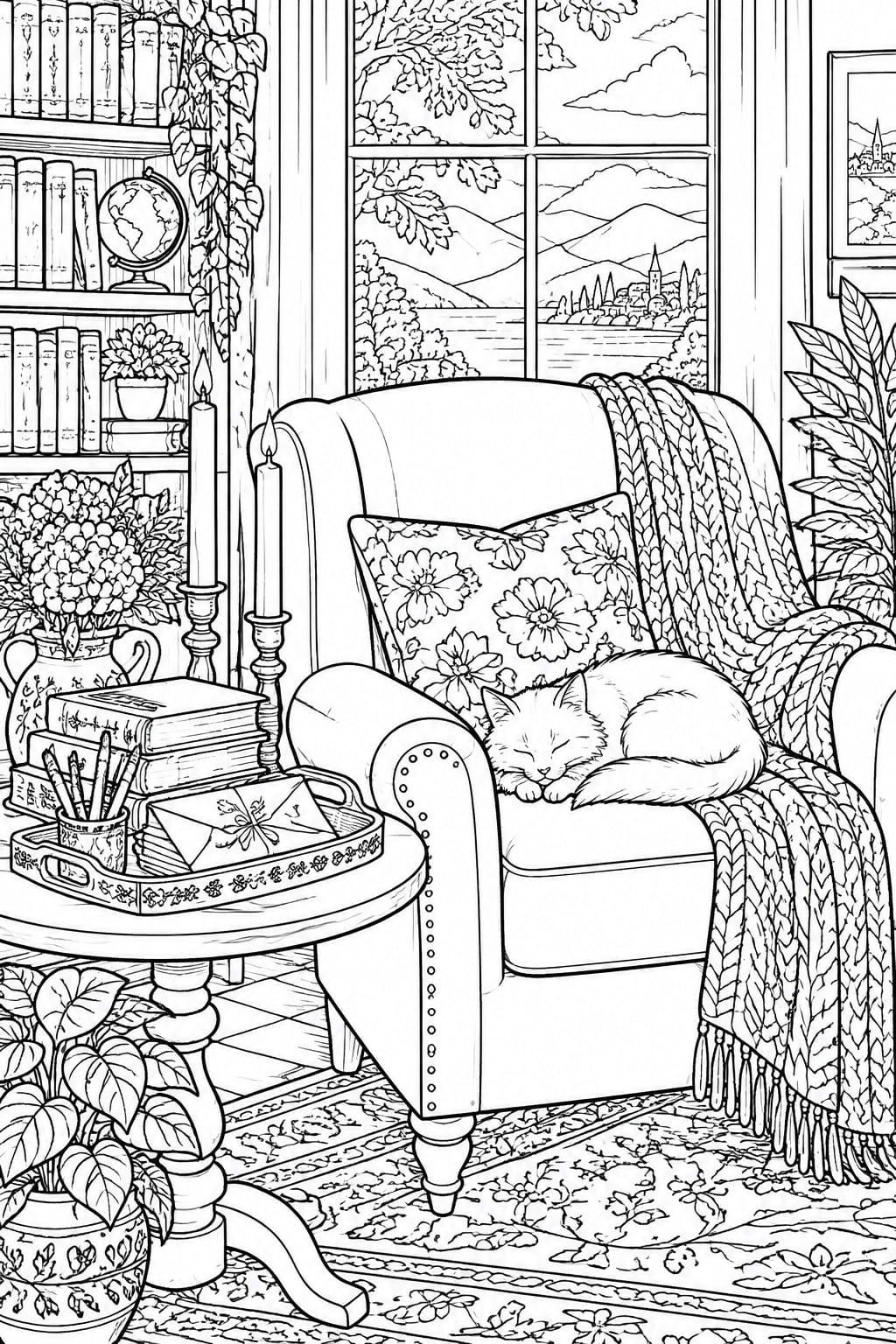A black and white line drawing of a cozy room with an armchair, sleeping cat, books, candles, bookshelf, and a large window showing mountains and a village.