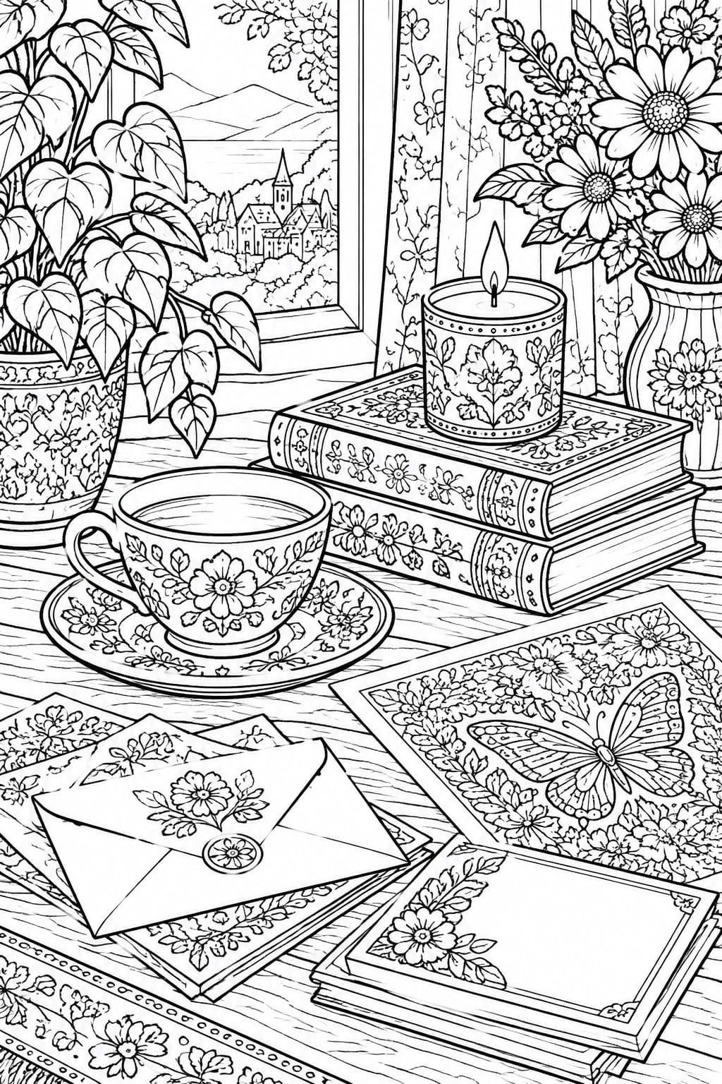 A black and white line drawing of a coloring page showing a teacup and saucer, stacked books topped with a candle, envelopes, a butterfly card, potted plants, a flower vase, and a window overlooking a village.