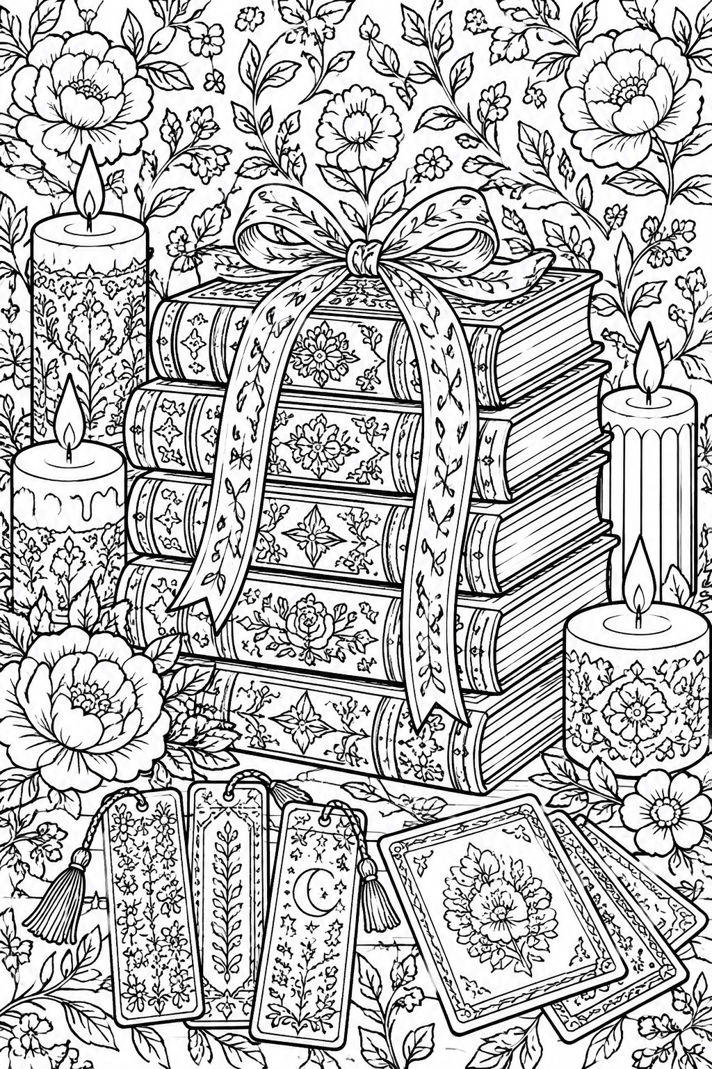 A black and white coloring page shows a stack of books with a large bow, three decorated candles with flames, flowers, and several bookmarks at the bottom.