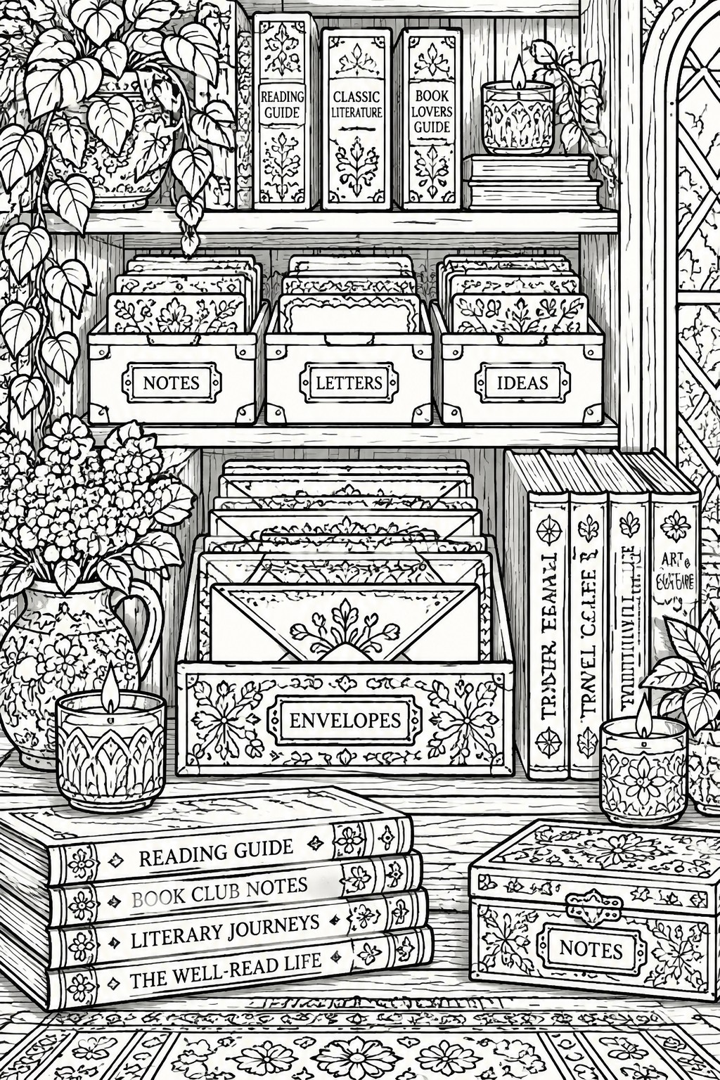 Black and white line drawing of a wooden bookshelf with labeled storage boxes, books, envelopes, candles, and plants.