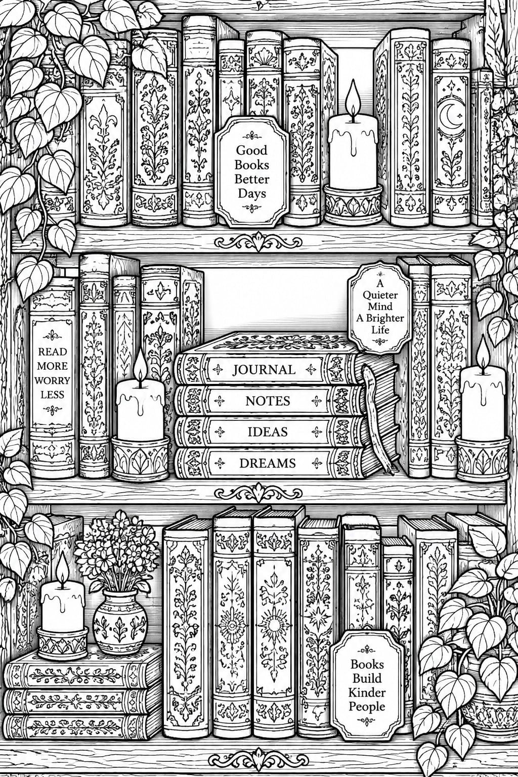 Black and white line drawing of three bookshelves with ornate books, candles, and plants.