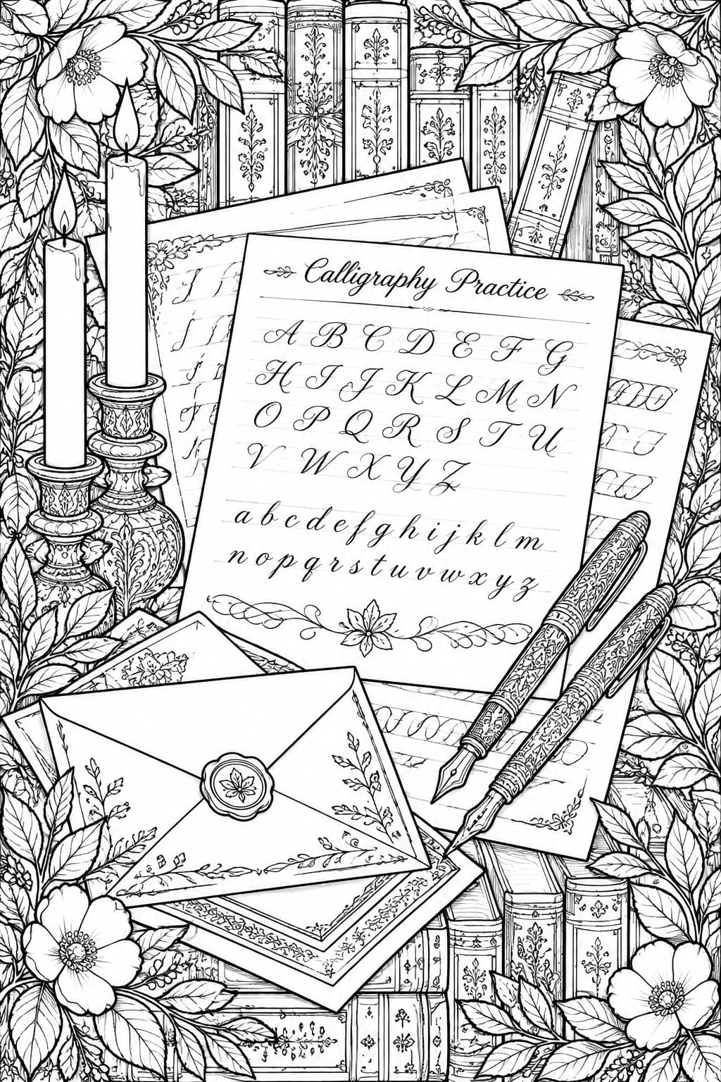 A black and white coloring page with calligraphy practice sheets showing alphabets, fountain pens, sealed envelopes, candles, books, and flowers.