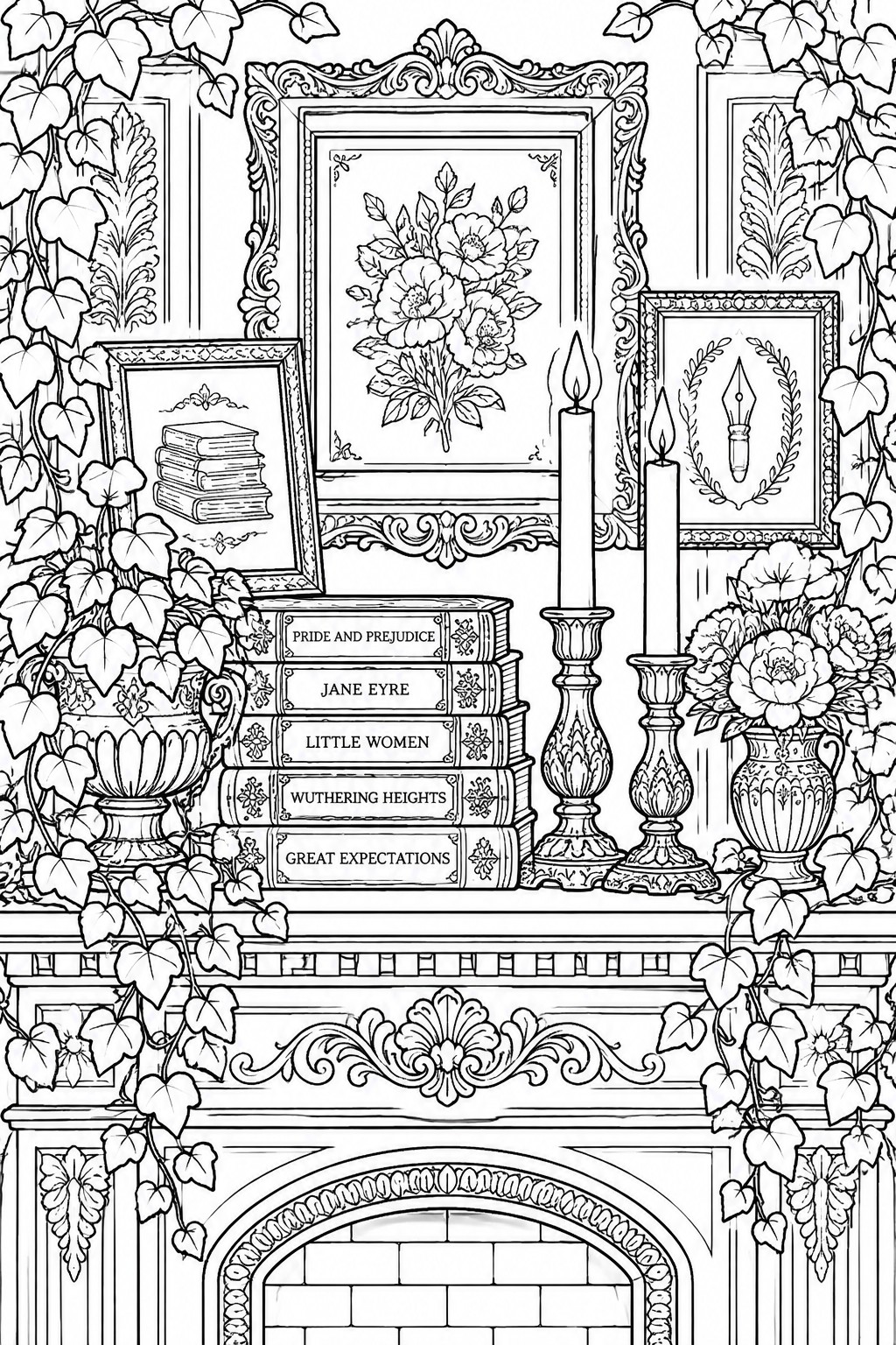 Ornate fireplace mantel with stacked classic books, candlesticks, flowers, and trailing ivy.
