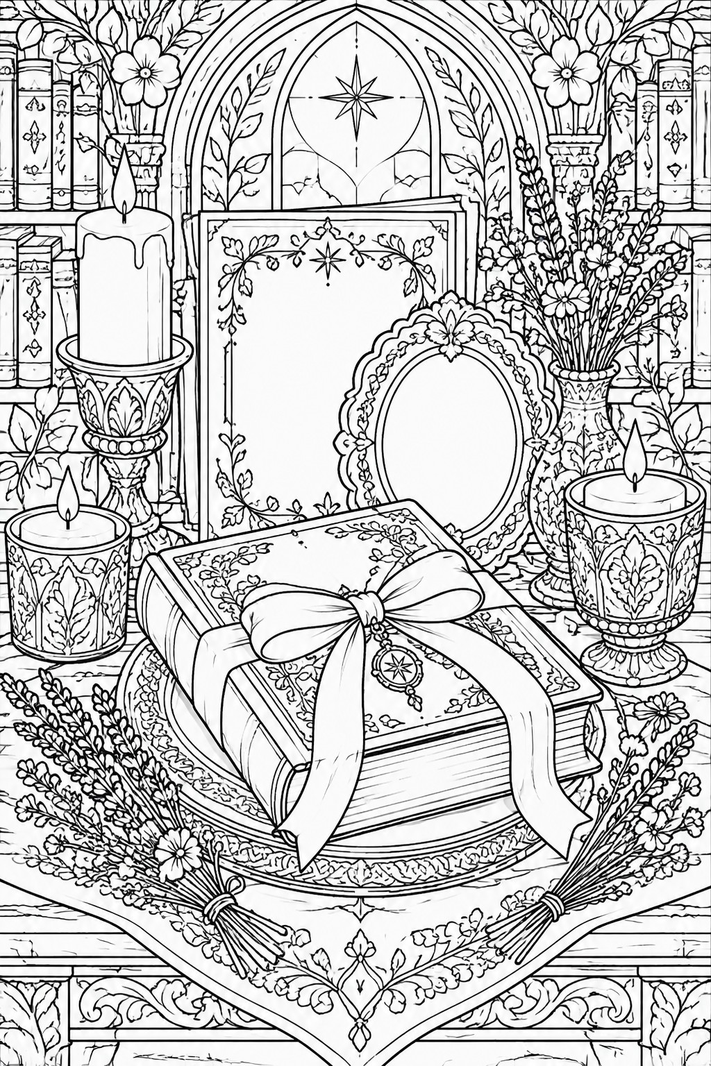 Intricate coloring page of ribbon-tied book, candles, flowers, and ornate frames.