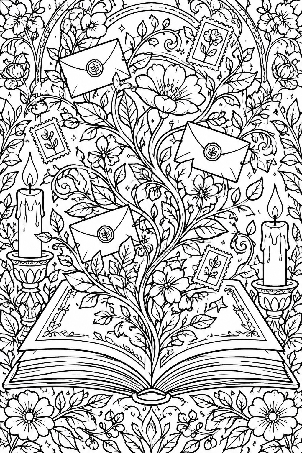 Detailed line art of open book with flowers, envelopes, stamps and flanking candles.