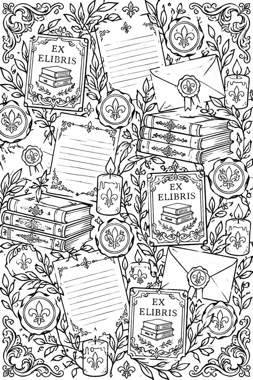 A black and white line drawing of multiple ex libris bookplates, stacked books, candles, envelopes with seals, and fleur-de-lis motifs arranged with leafy borders.