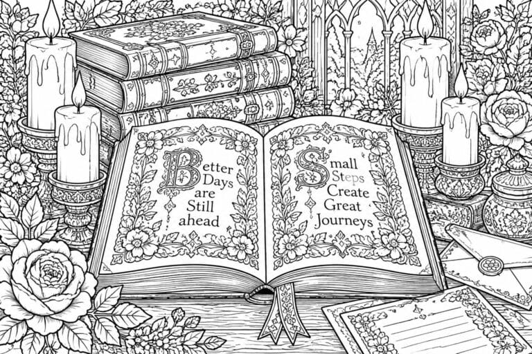 A black and white line drawing shows an open book with text and floral borders in the foreground, surrounded by stacked books, candles, envelopes, a quill, and floral window backgrounds.