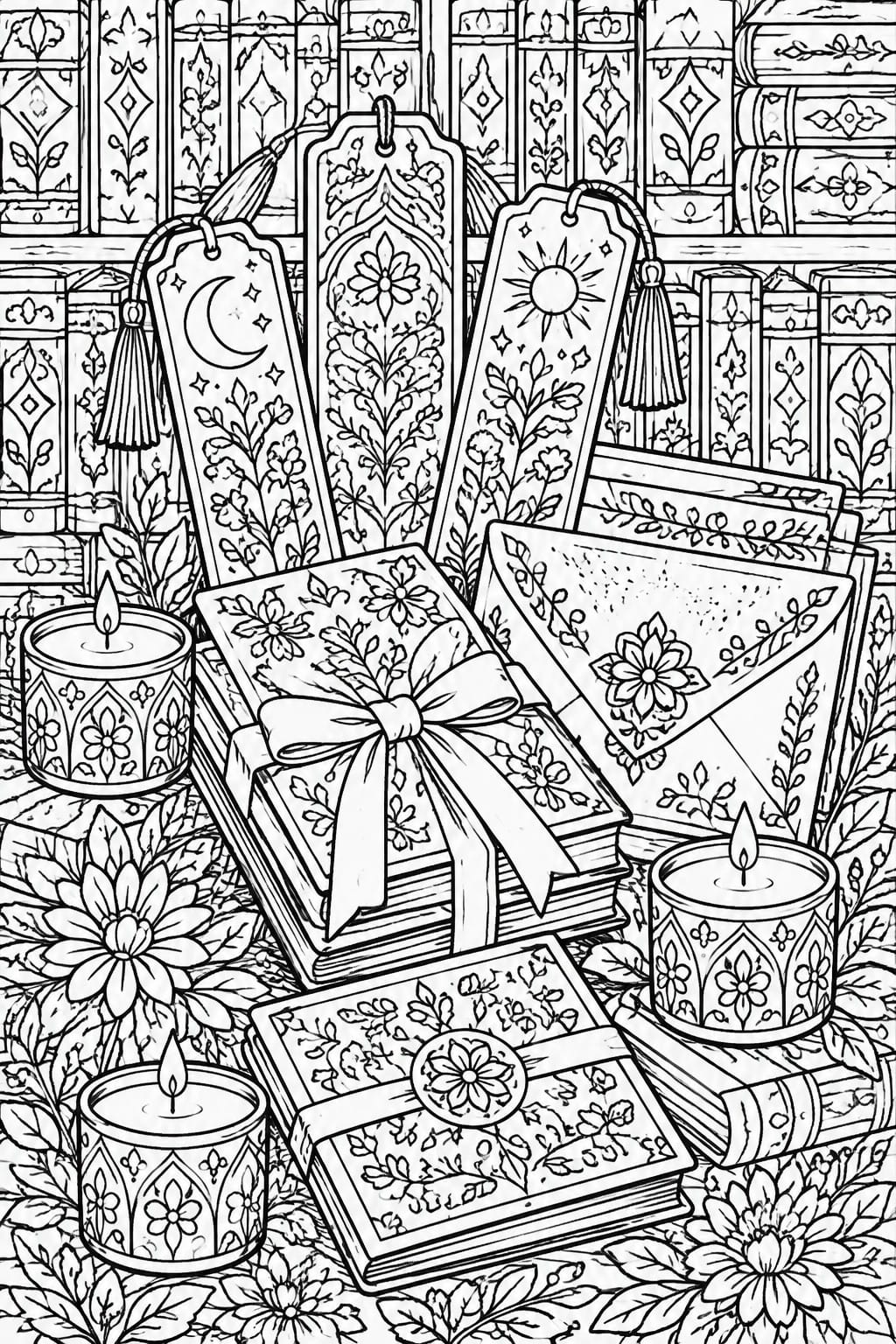 A black and white line drawing of stacked books with ribbons, several ornate bookmarks with tassels, candles in holders, and flowers arranged in front of bookshelves.