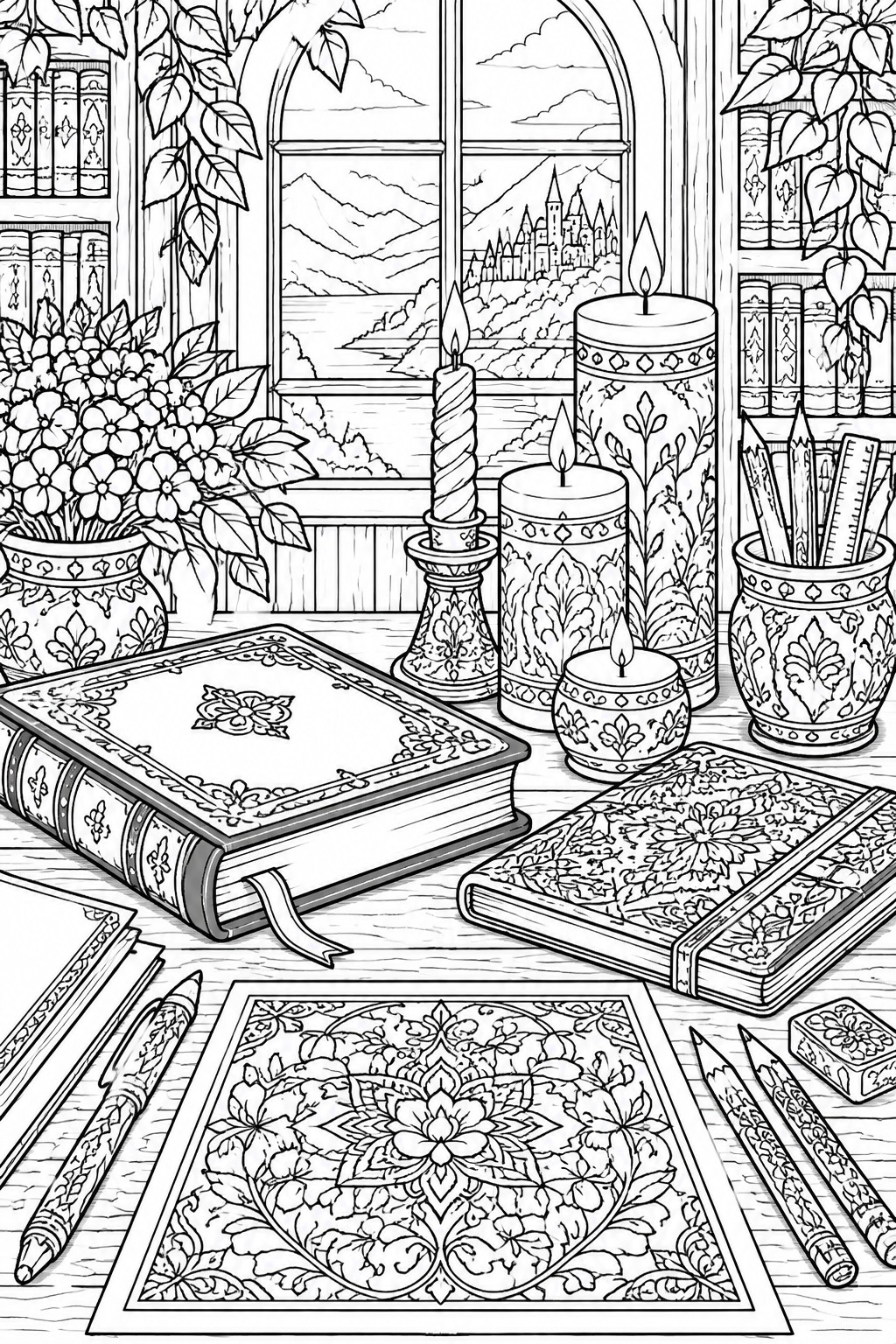 Black and white line art of a desk holding books, ornate candles, pens, a plant, and art supplies in front of a window showing a castle on hills, with a large floral mandala design across the bottom.
