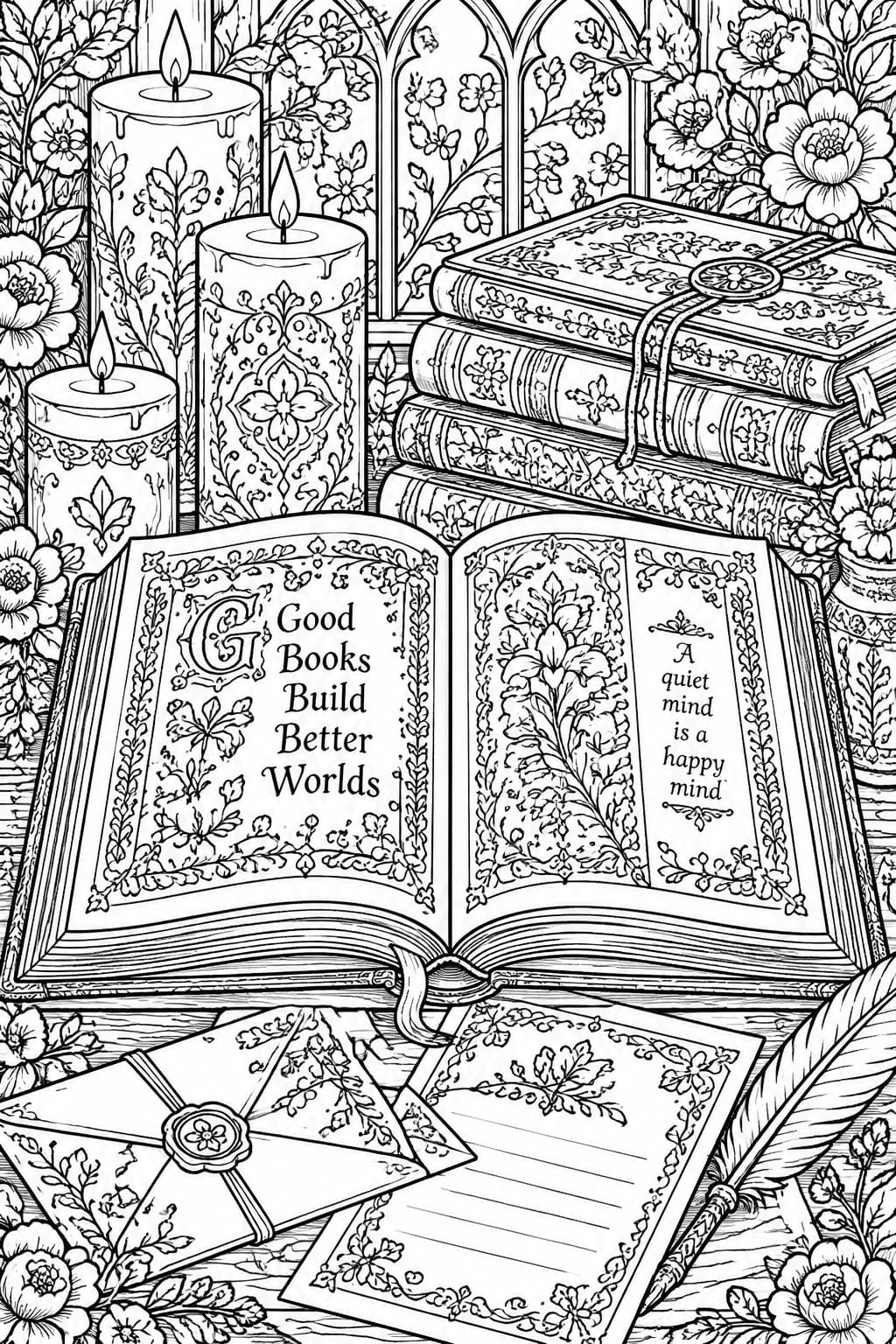 A black and white line drawing shows an open book with text and floral borders in the foreground, surrounded by stacked books, candles, envelopes, a quill, and floral window backgrounds.