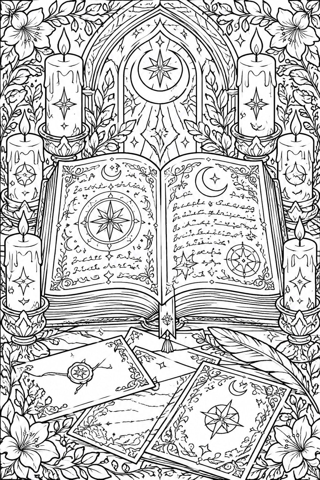A black and white line art coloring page showing an open decorated book with stars and moons, surrounded by candles, an arched window with a star, flowers, and scattered papers with a feather.