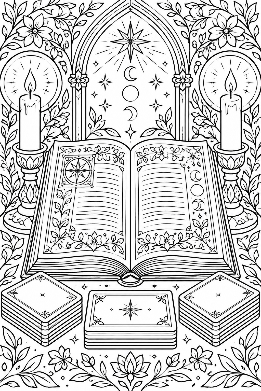 Intricate black and white line art of open book between two candles with celestial motifs and flowers.