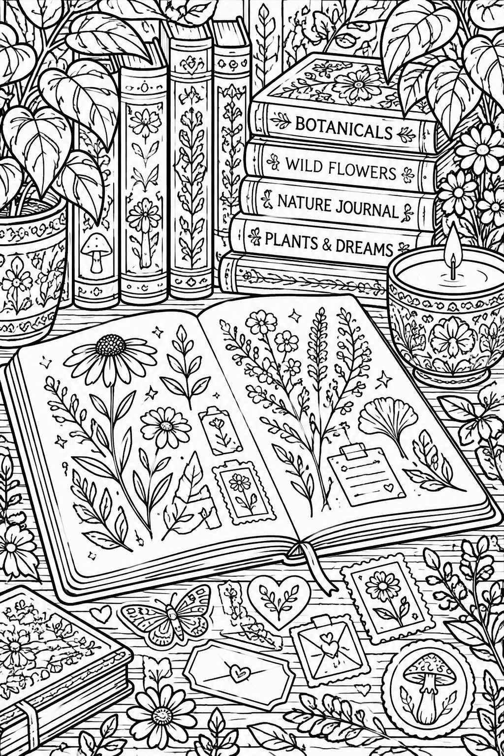 Line art of botanical books, open journal with flowers, plants, and lit candle.