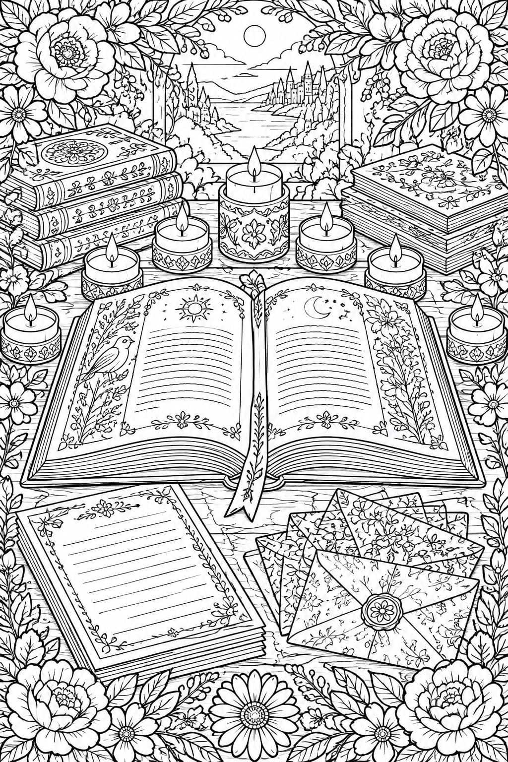 A black and white coloring page shows an open book with illustrations, surrounded by candles, book stacks, flowers, envelopes, and a window view of a castle by water.