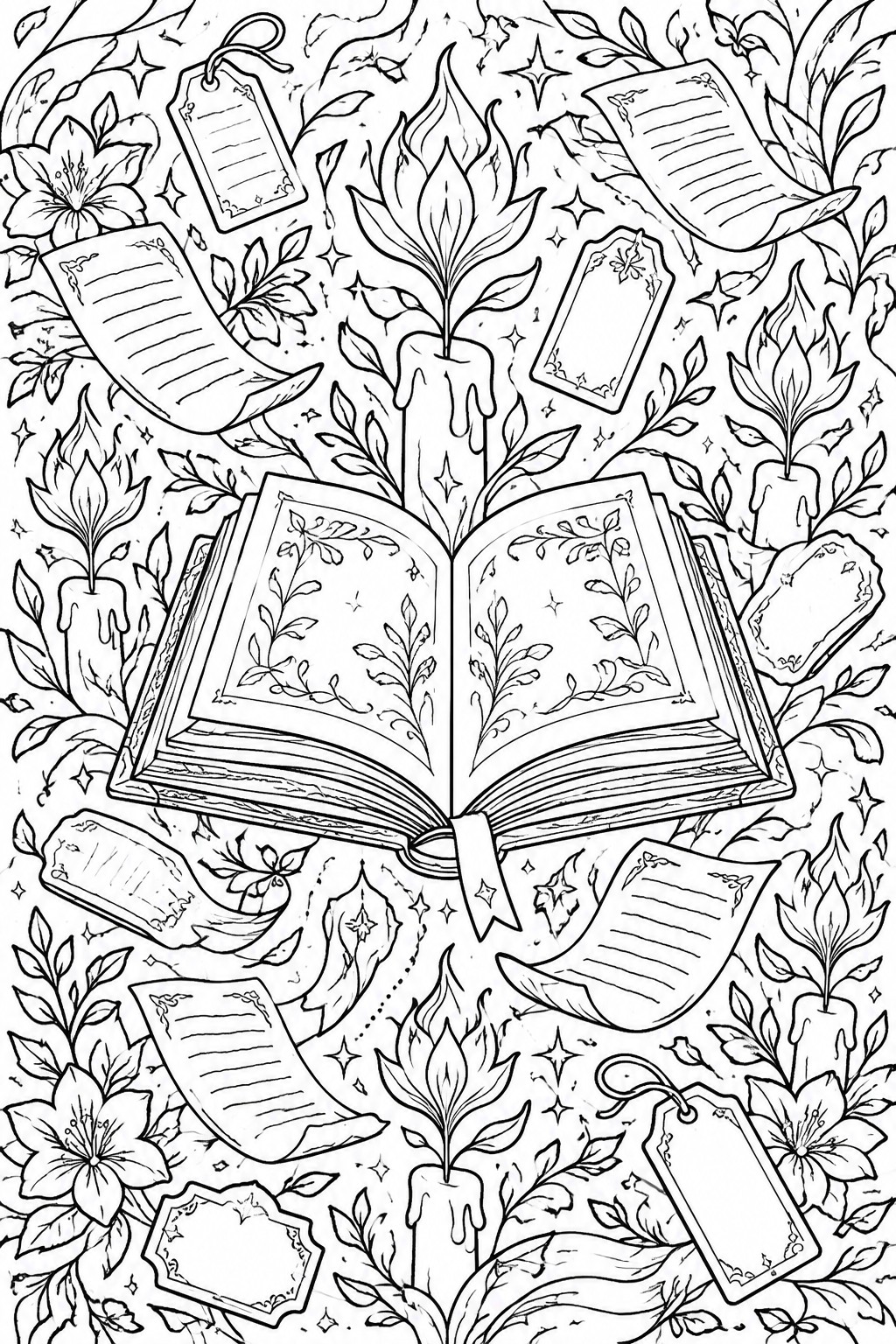 Intricate line art of open book with candles, floating scrolls, flowers, and stars.
