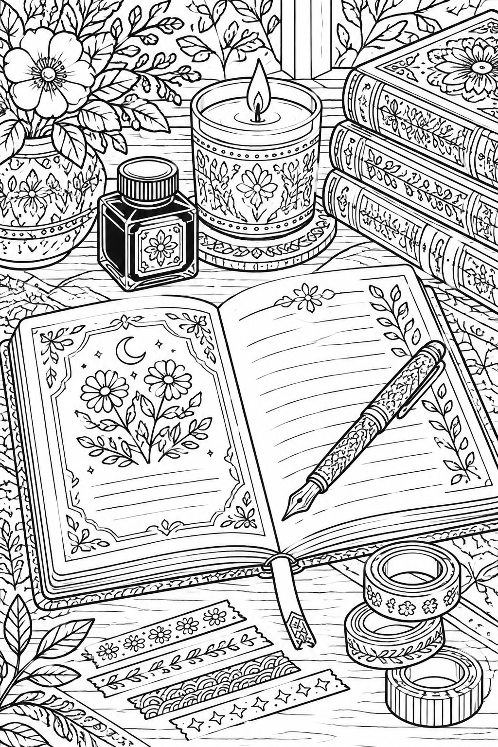 Open journal with fountain pen, lit candle, ink bottle, flowers and stacked books