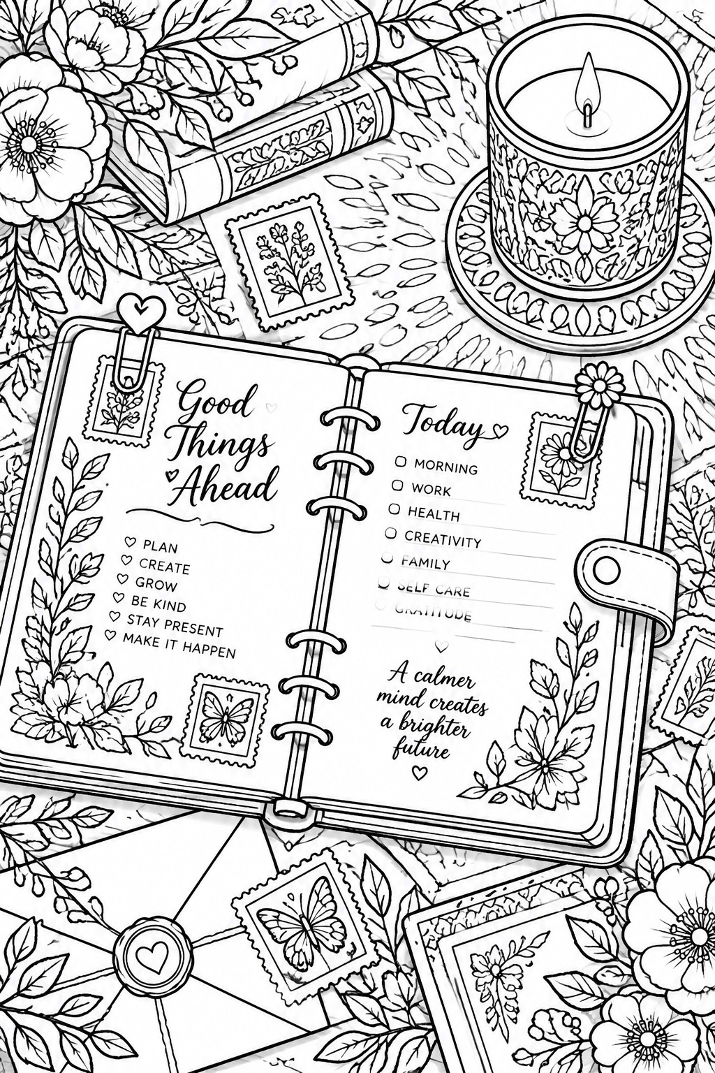 Black and white line art of open planner with candle, books, flowers and stamps