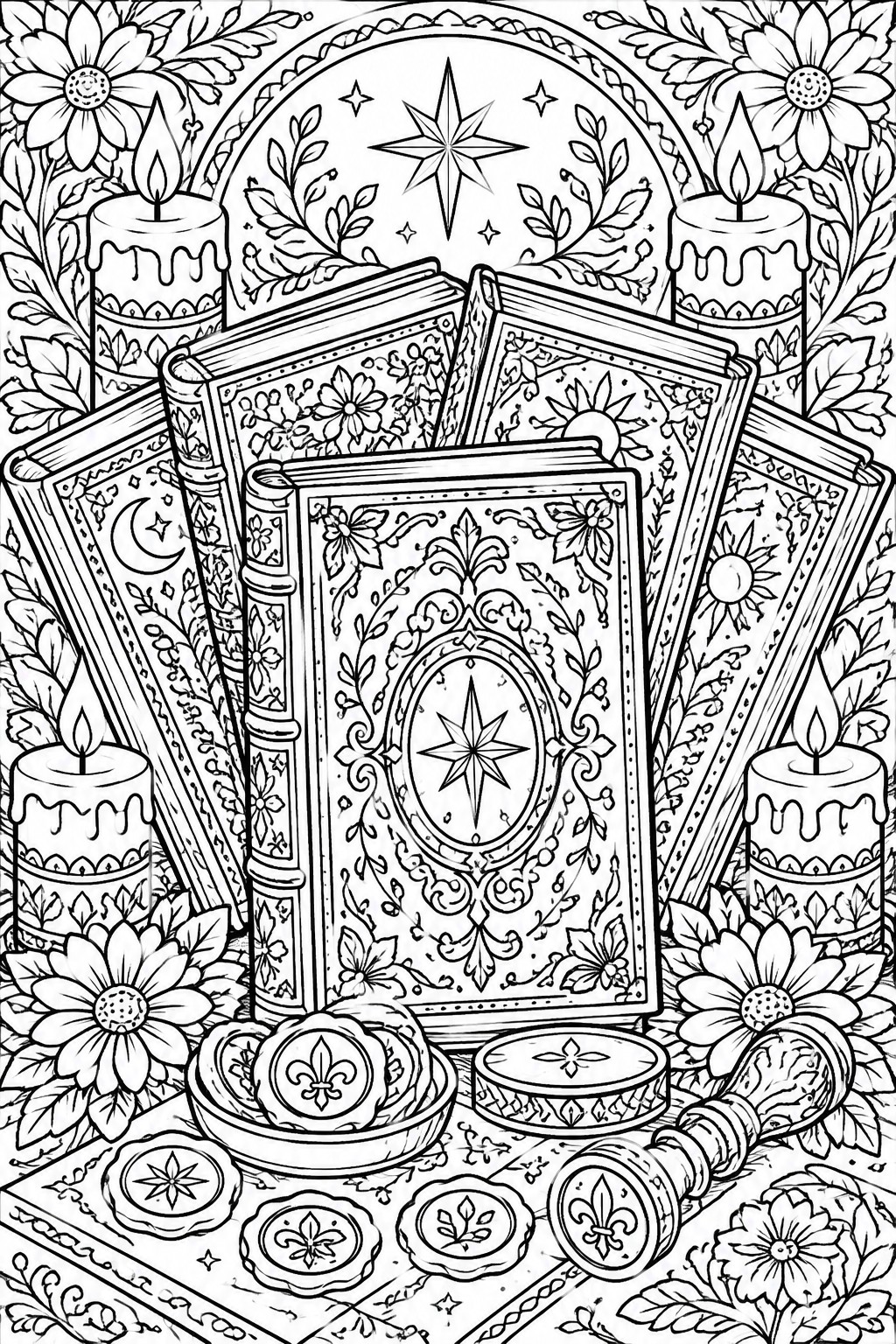 A black and white coloring page shows stacked ornate books with star and floral designs, surrounded by lit candles, flowers, and small decorative seals and a key at the bottom.