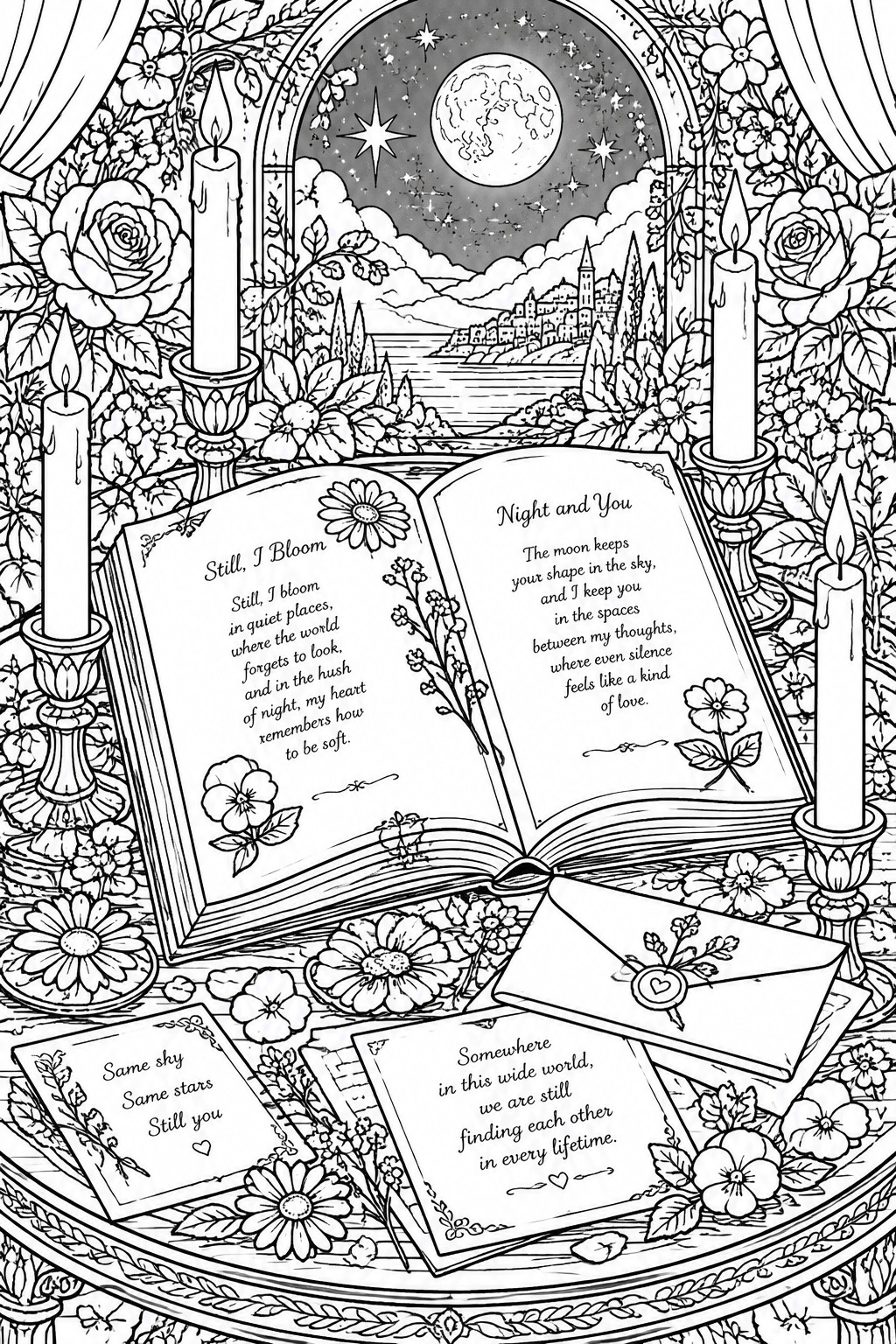Black-and-white line art of open poetry book with candles, flowers, and moonlit window.