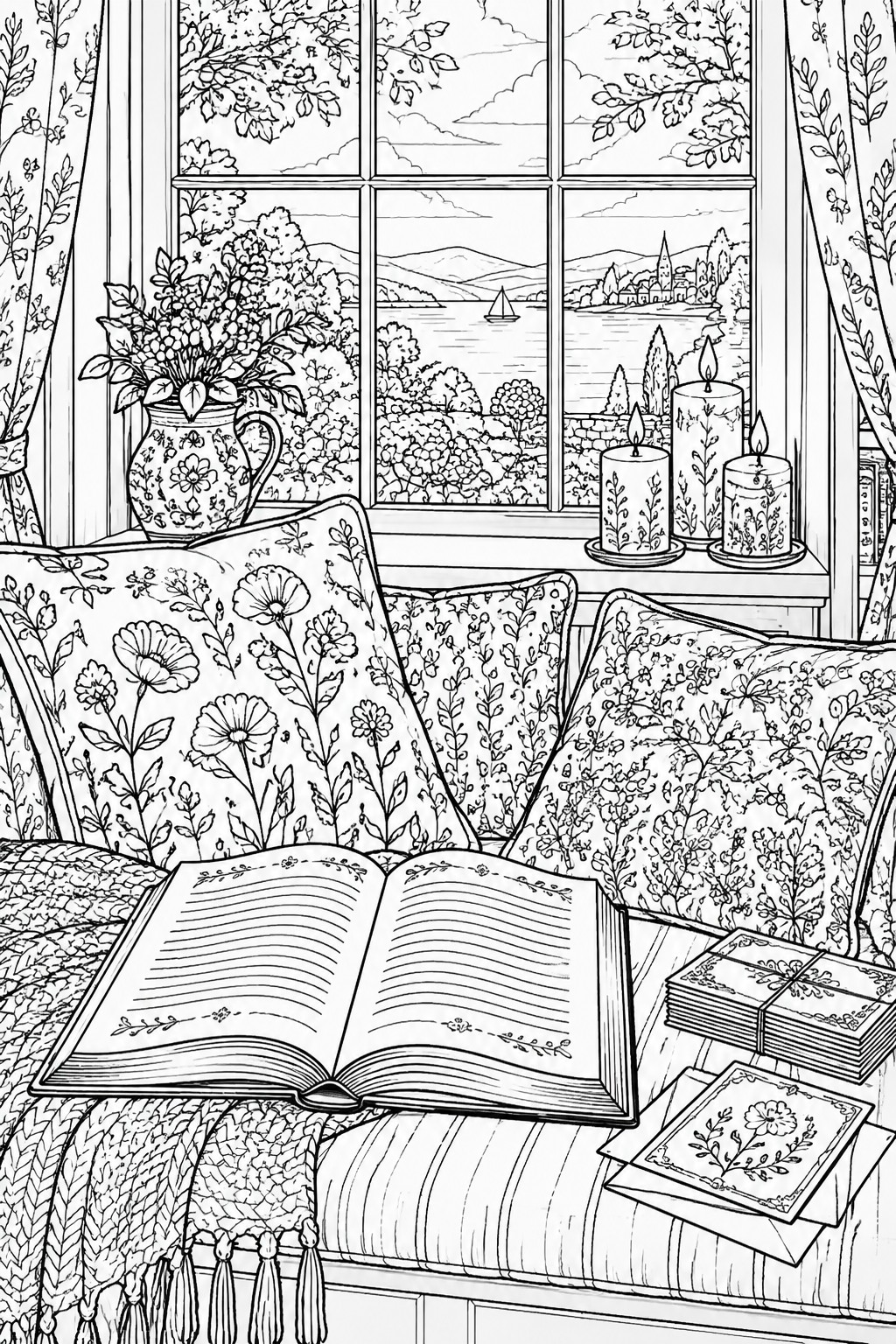 Line art of open book on floral window seat with candles and scenic view