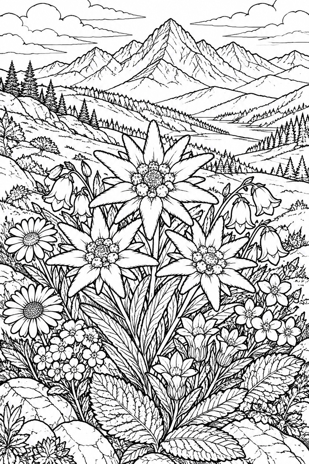 Intricate black-and-white line drawing of alpine wildflowers with mountain landscape behind