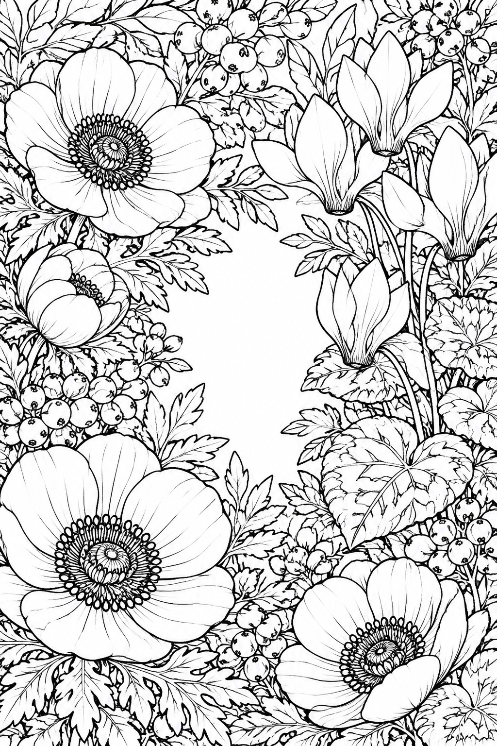 Black and white line drawing of poppies, cyclamen, berries, and leafy foliage border