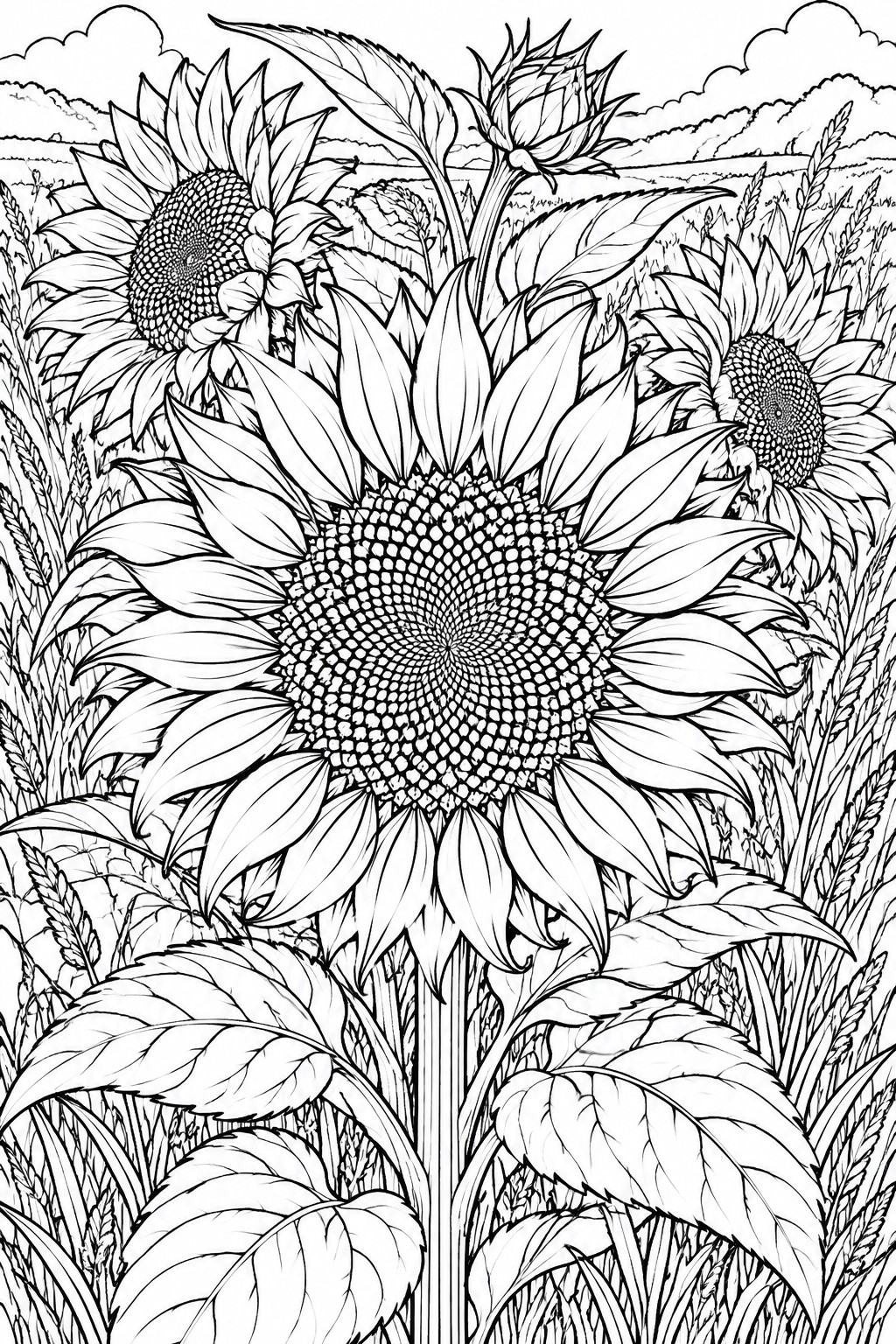 Detailed black-and-white line drawing of sunflowers blooming in a hilly field.