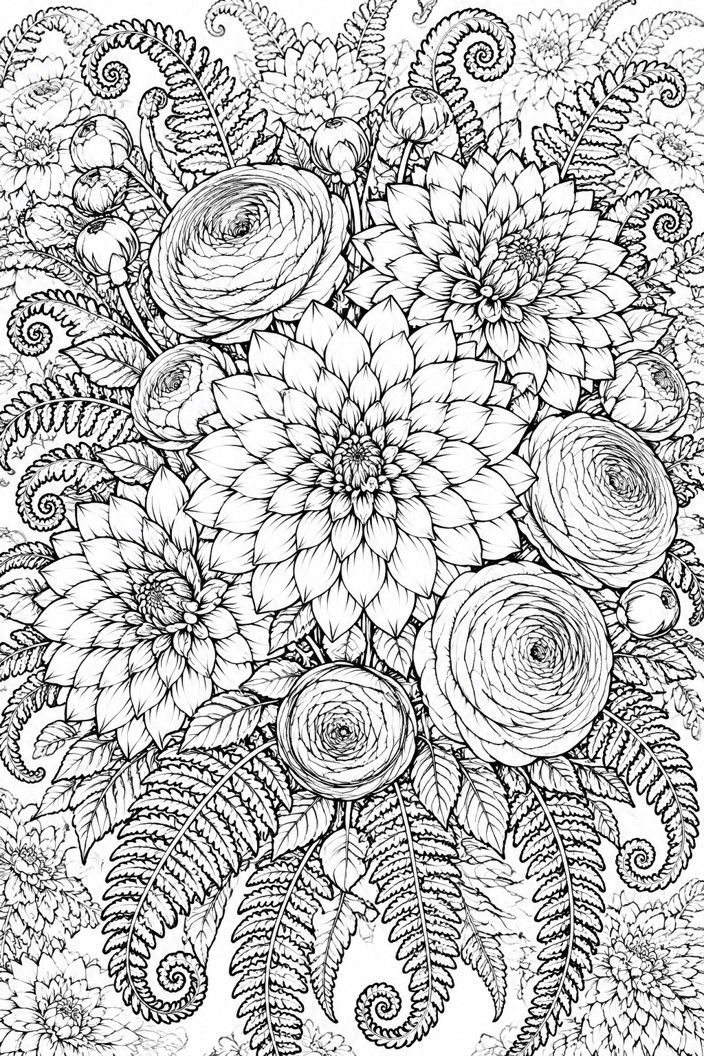 A black and white line drawing of a dense cluster of dahlias, ranunculus, and ferns.