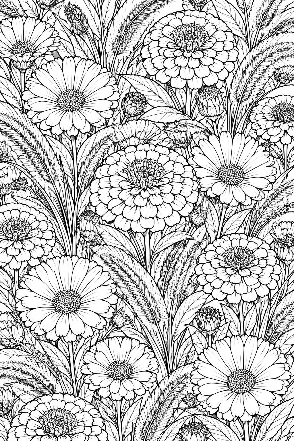 Dense black and white line drawing of blooming daisies, zinnias, buds, and foliage