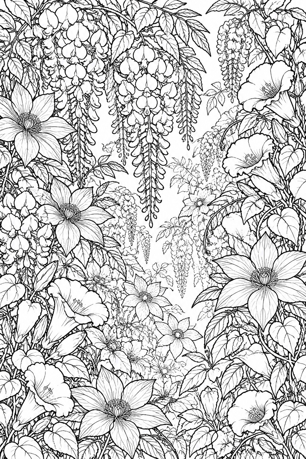 A black and white line drawing of densely layered flowers including hanging wisteria clusters, large open blooms, and leafy vines.