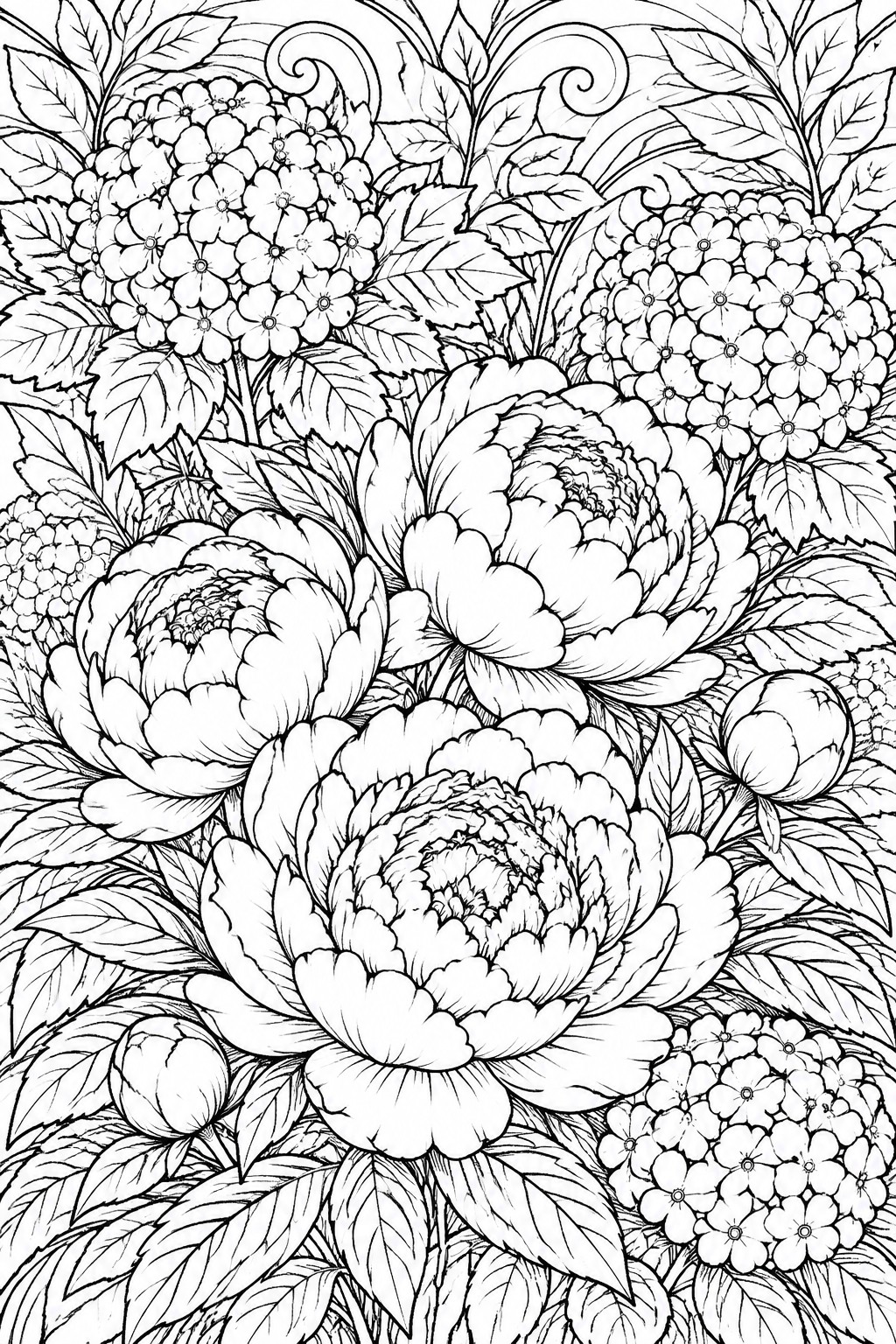 Detailed black and white floral illustration of peonies, hydrangeas, and leaves.