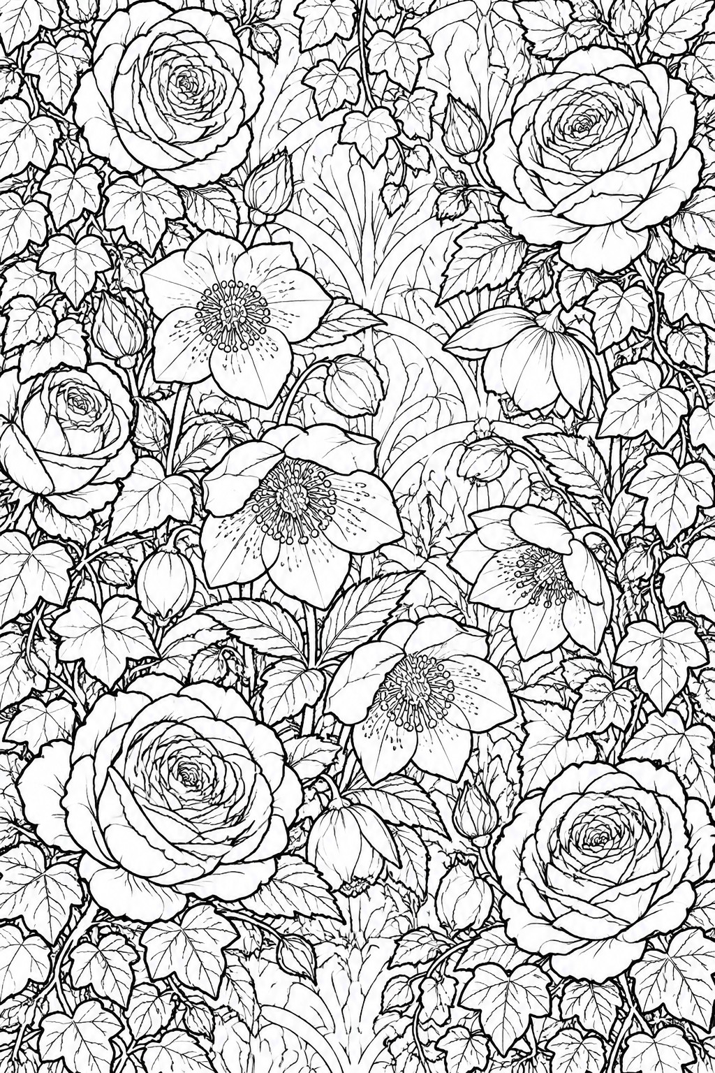 Black and white line drawing of roses, flowers, buds, and ivy foliage