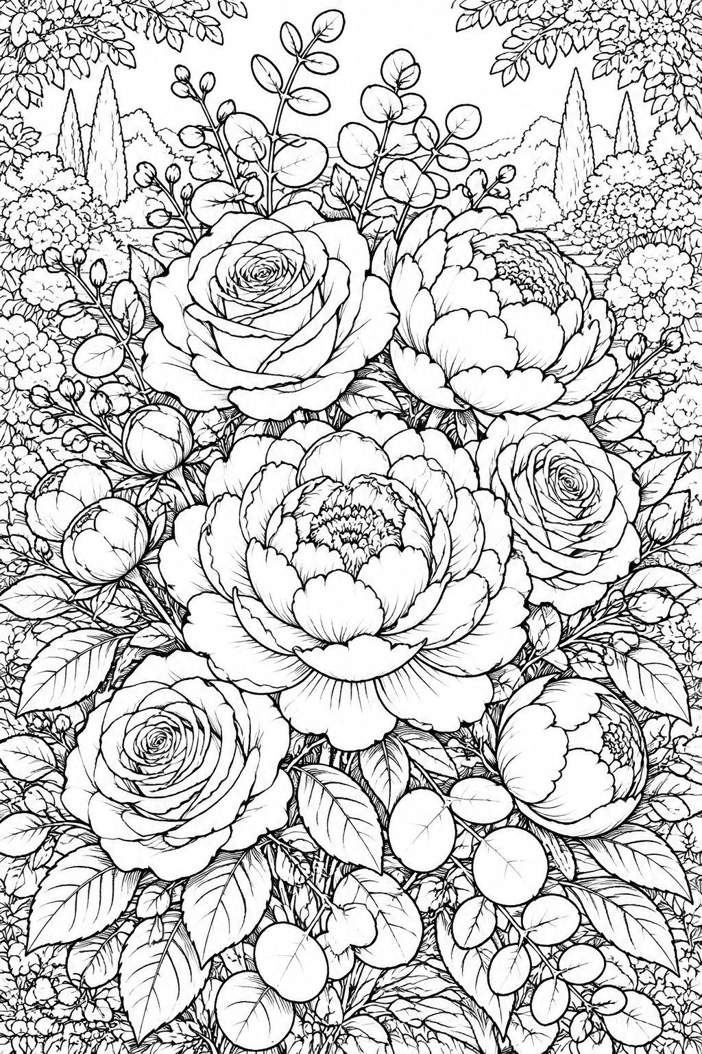 Intricate black-and-white line drawing of blooming roses and peonies in a lush garden