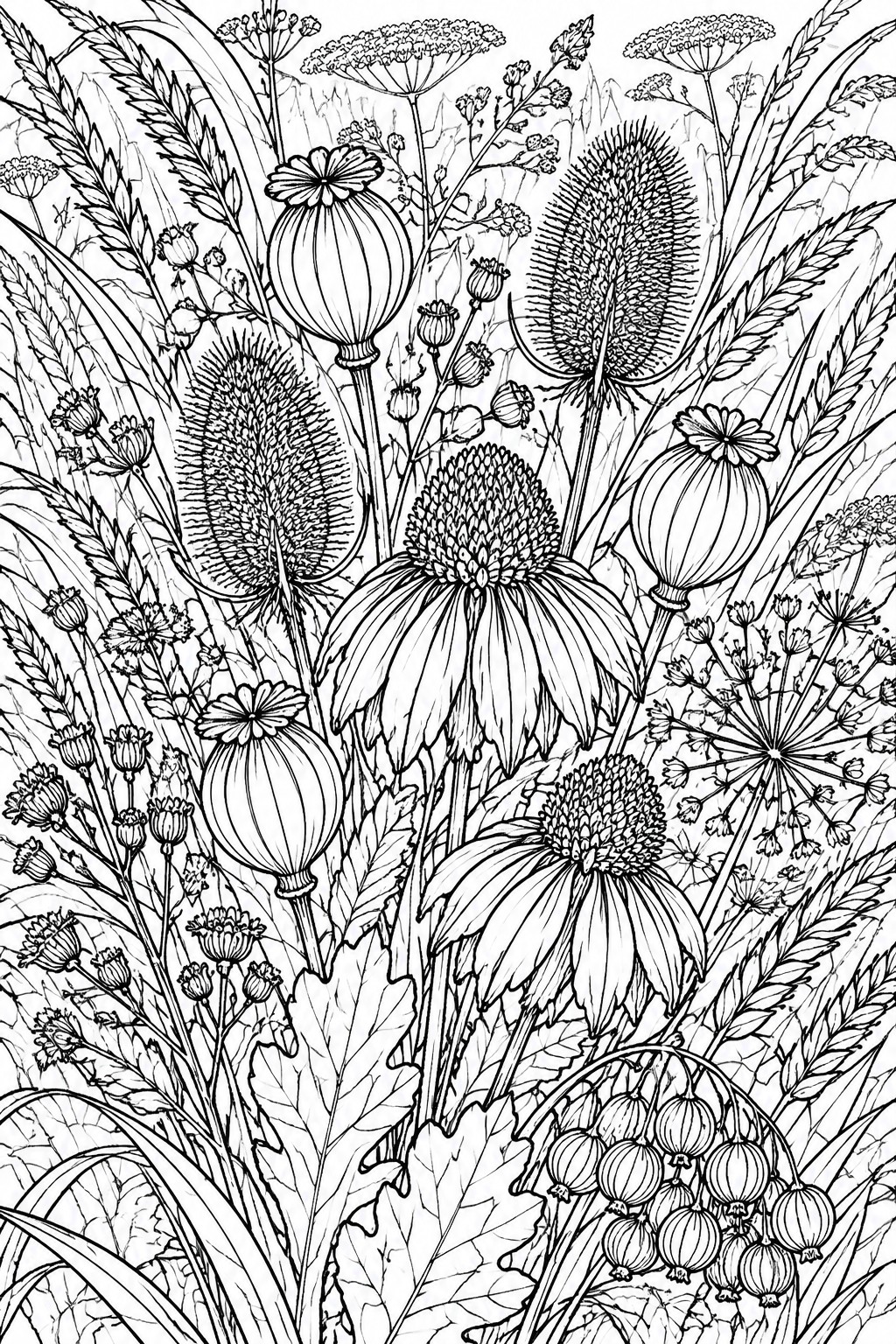 A black and white line drawing of various wildflowers, seed pods, spiky heads, and grasses arranged in a dense overlapping botanical scene.