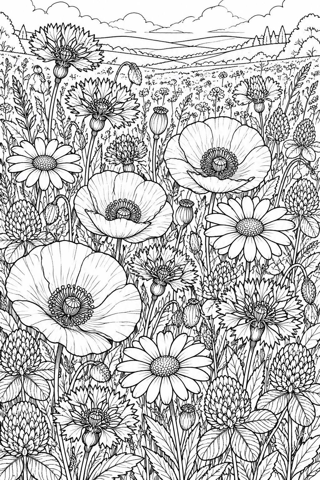 Black and white line drawing of wildflowers blooming in a meadow with hills