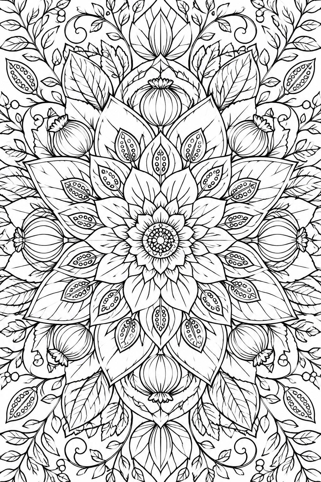 Intricate black-and-white mandala with layered flowers, leaves, and botanical patterns.