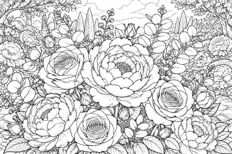 23 Beautiful Flower Coloring Pages Focused on Detailed Botanical Arrangements Intricate black-and-white line drawing of blooming roses and peonies in a lush garden