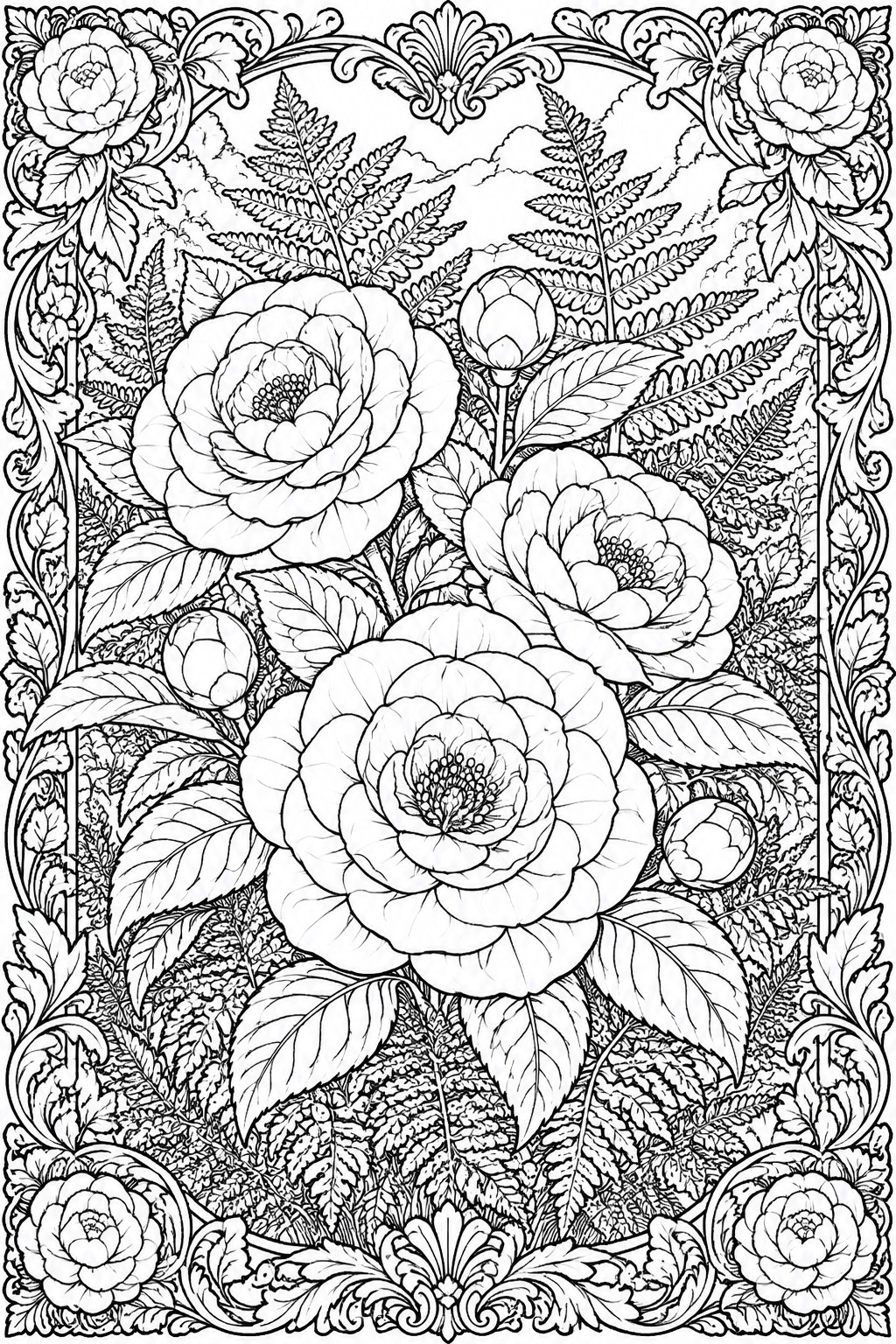 A black and white line art coloring page showing large flowers, buds, and ferns inside an ornate rectangular border.